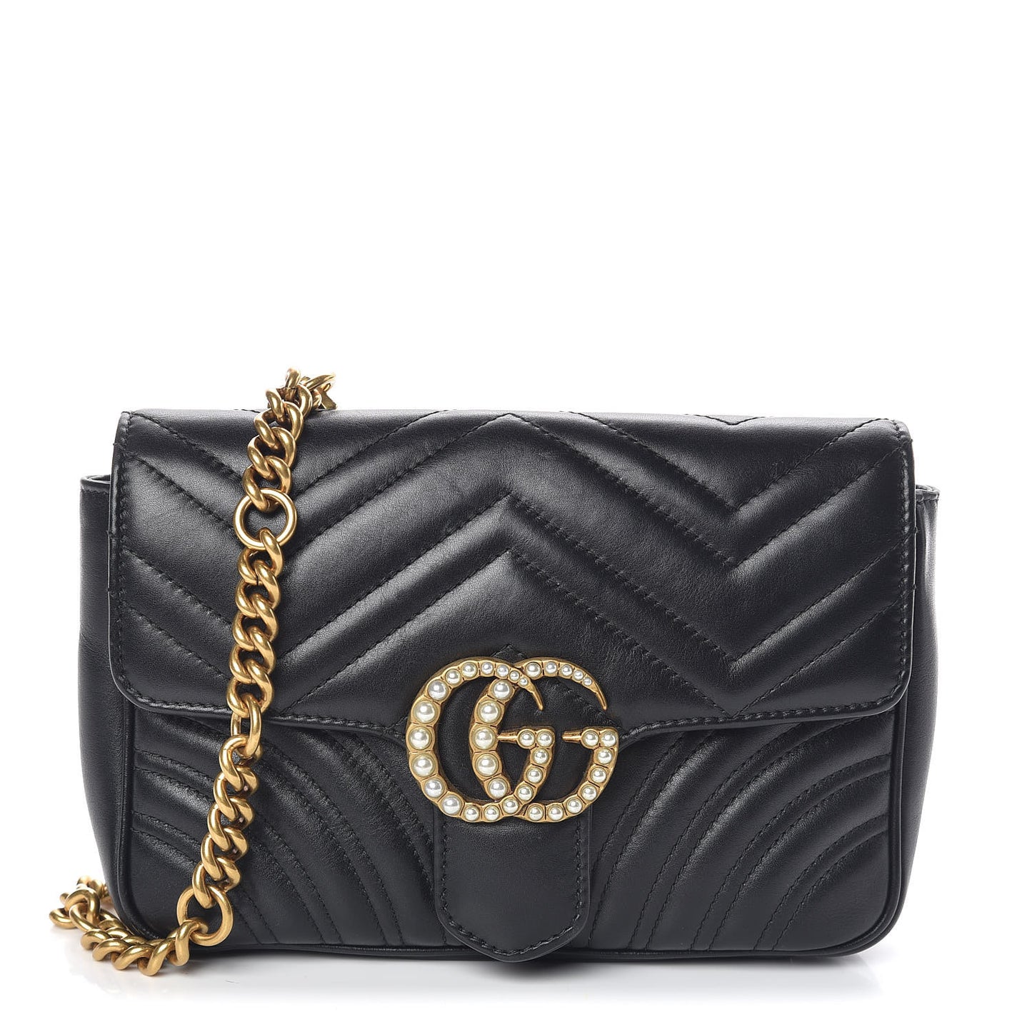 Calfskin Matelasse Pearly GG Marmont Chain Belt Bag Black