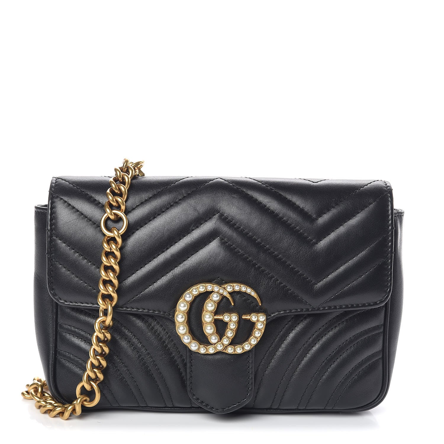 Gucci Calfskin Matelasse Pearly GG Marmont Chain Belt Bag Black 1 of 9