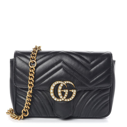 Gucci Calfskin Matelasse Pearly GG Marmont Chain Belt Bag Black 1 of 9