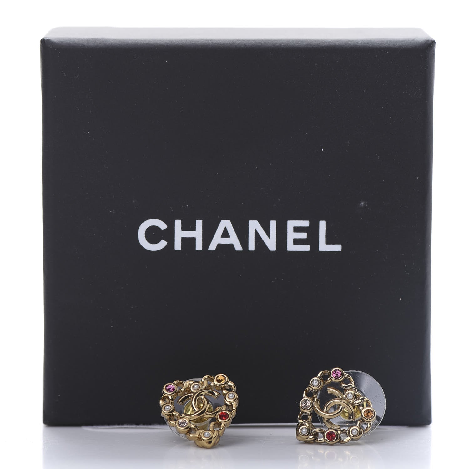 Chanel Pearl Crystal CC Heart Earrings Gold Multicolor 5 of 5