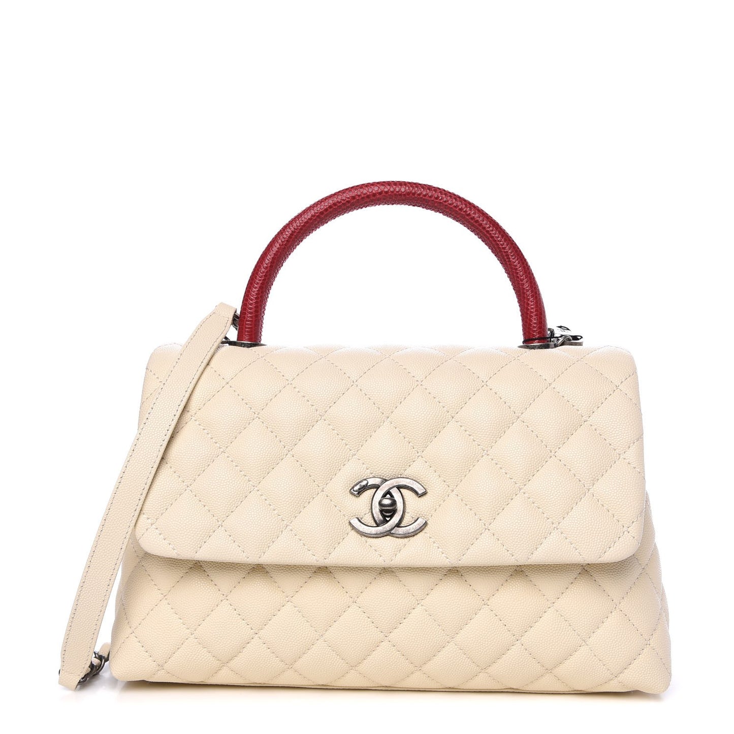Caviar Lizard Quilted Small Coco Handle Flap White Red