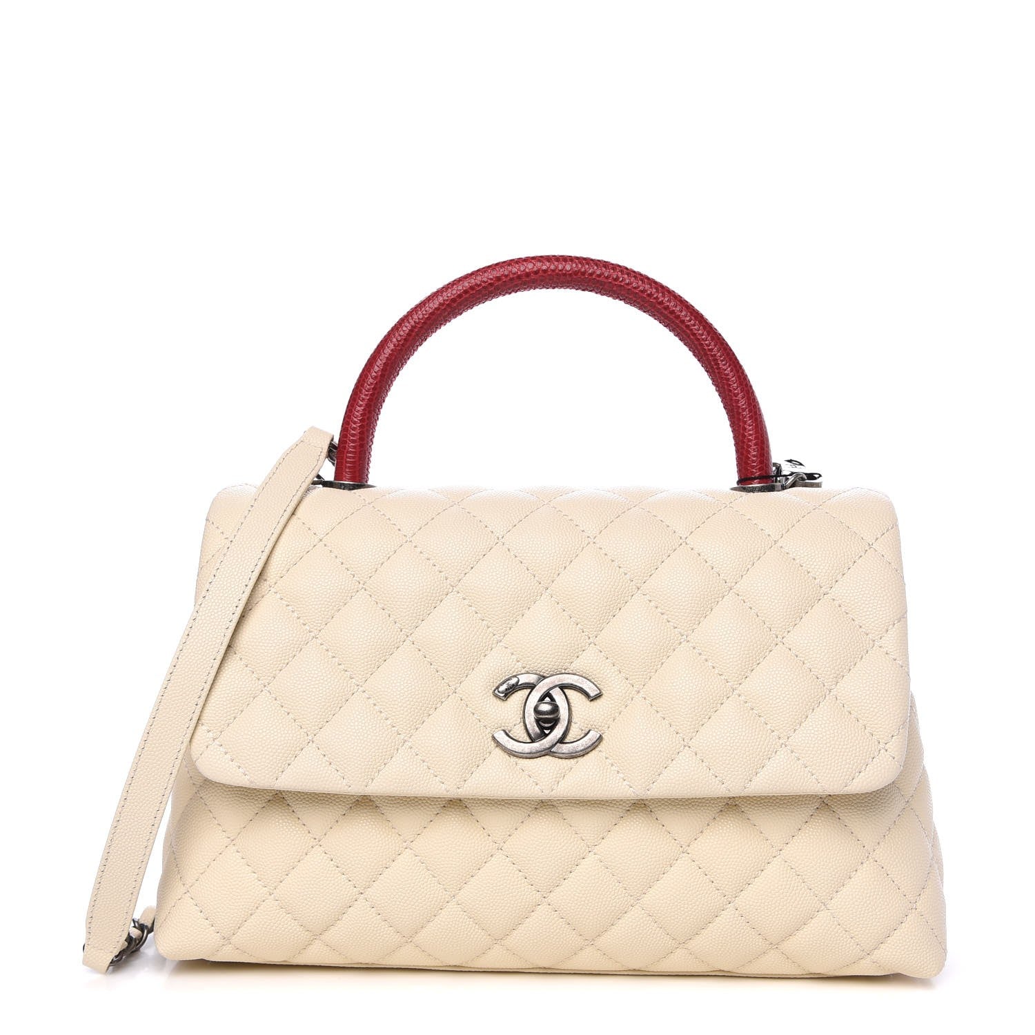 Chanel Caviar Lizard Quilted Small Coco Handle Flap White Red 1 of 9