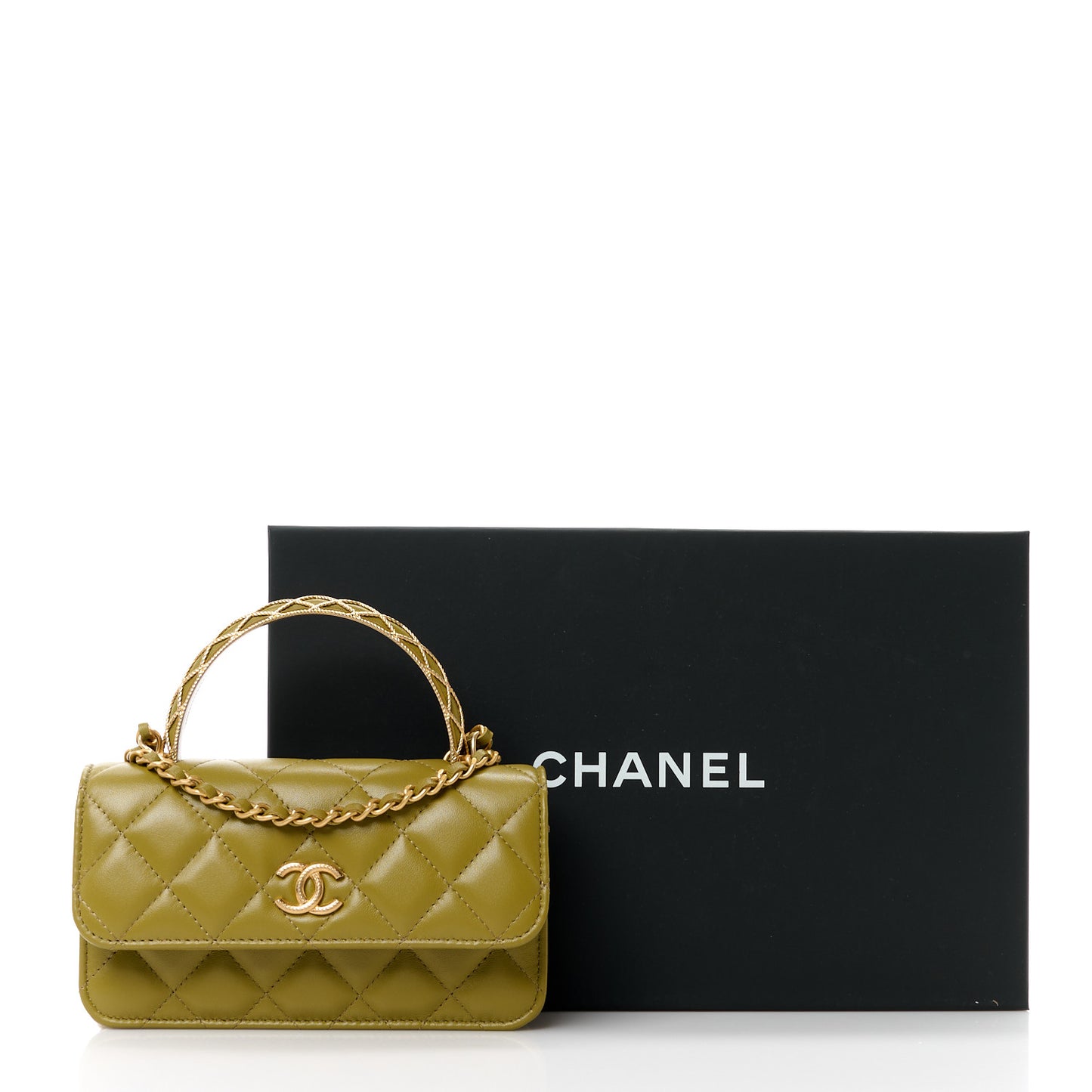 Lambskin Quilted Metal Twist Top Handle Flap Phone Holder With Chain Green