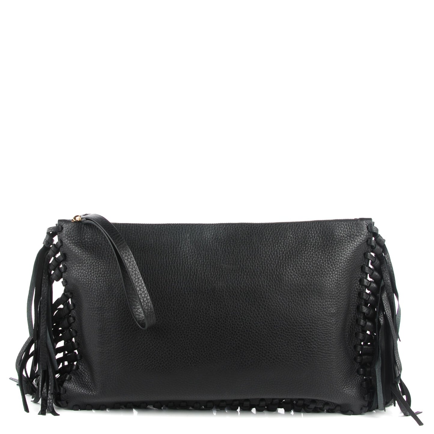 Grained Calfskin Rockee Fringe Clutch Black