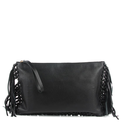 Valentino Garavani Grained Calfskin Rockee Fringe Clutch Black 1 of 8