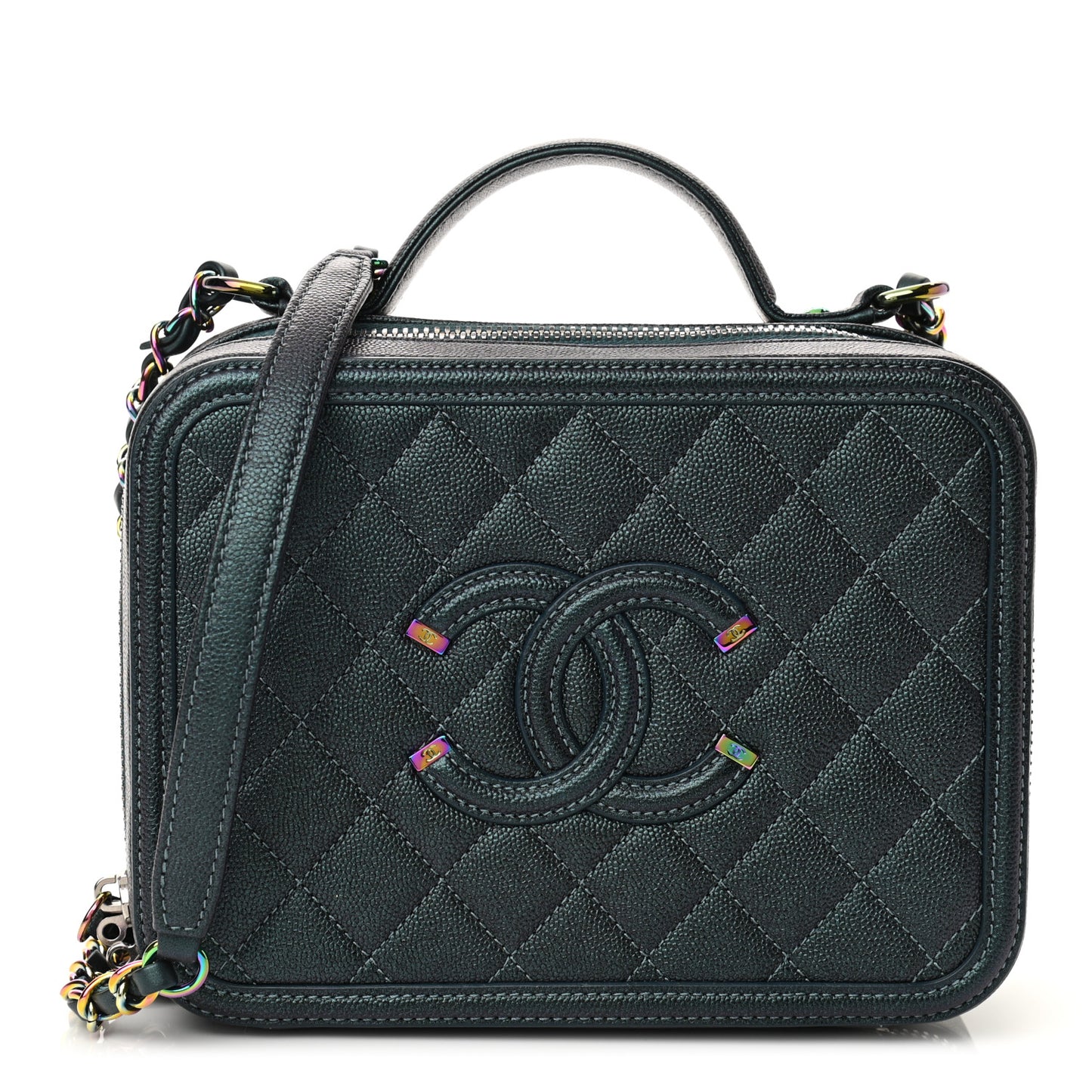 Iridescent Caviar Quilted Medium CC Filigree Vanity Case Dark Turquoise