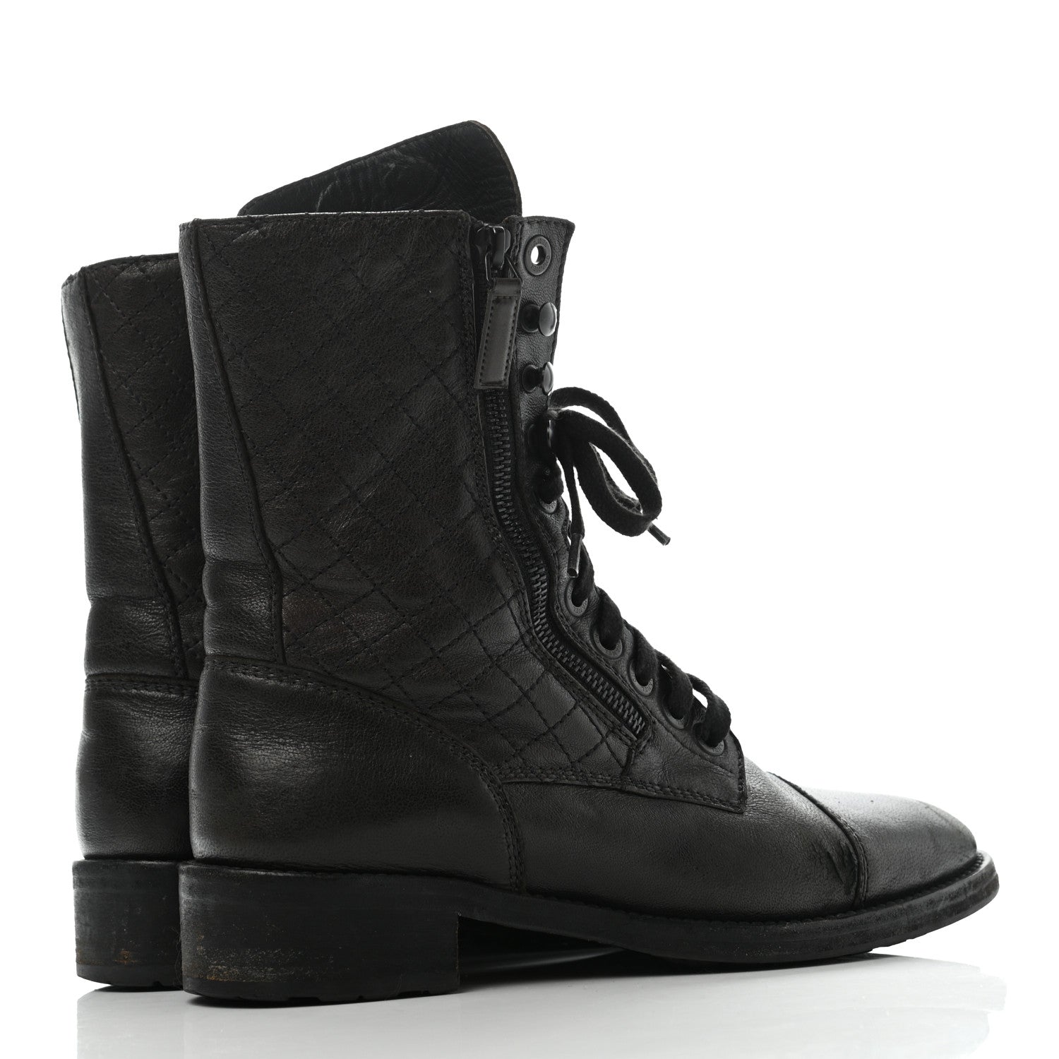 Chanel Calfskin Quilted Lace Up Combat Boots 40 Black 7 of 15