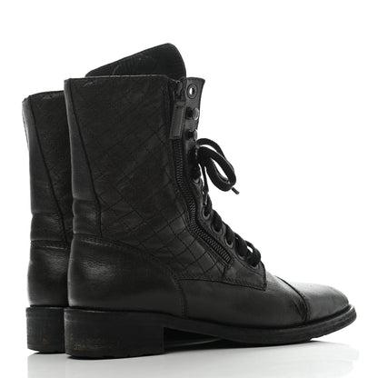 Chanel Calfskin Quilted Lace Up Combat Boots 40 Black 7 of 15
