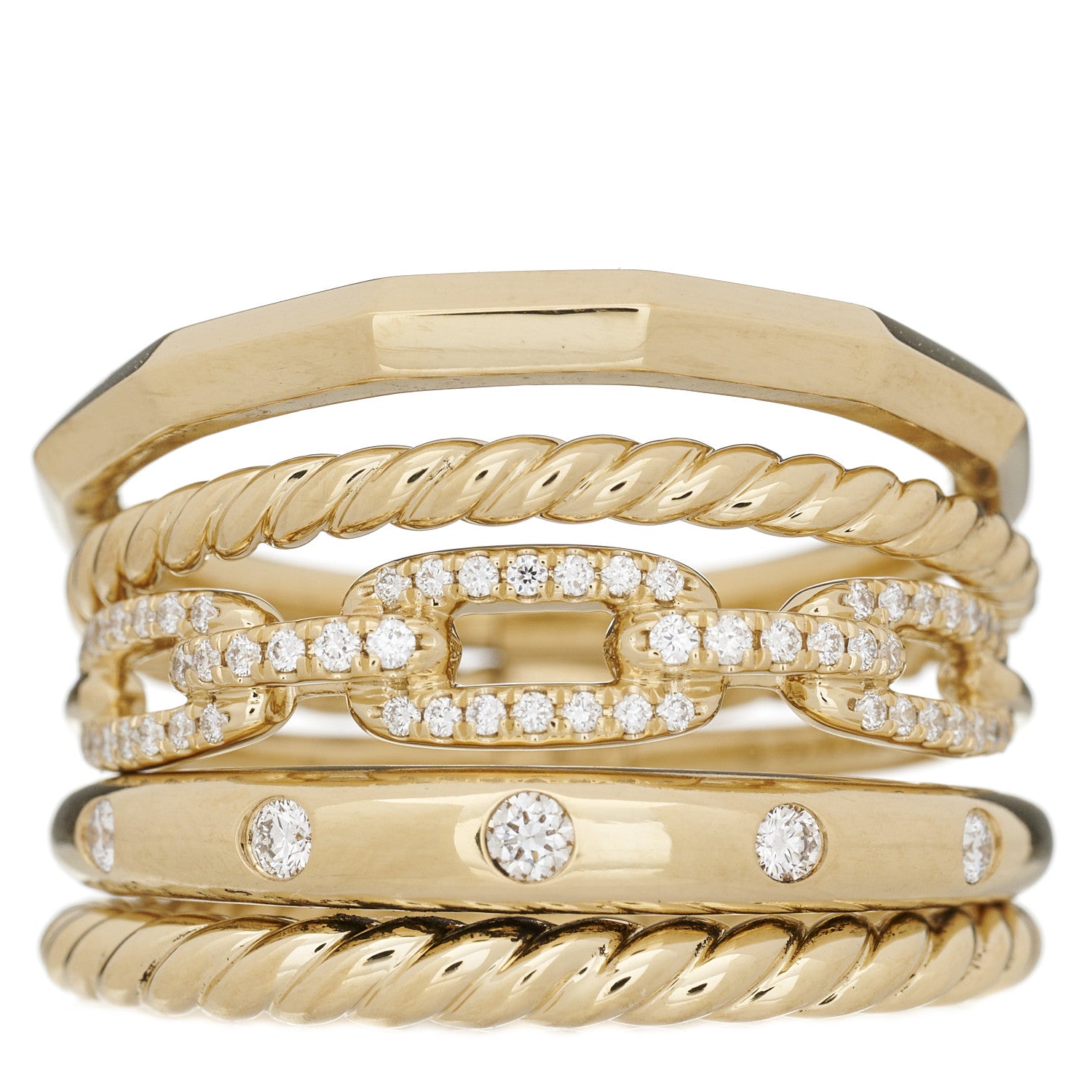 David Yurman 18K Yellow Gold Diamond 15mm Stax Five-Row Ring 60 9 1 of 4