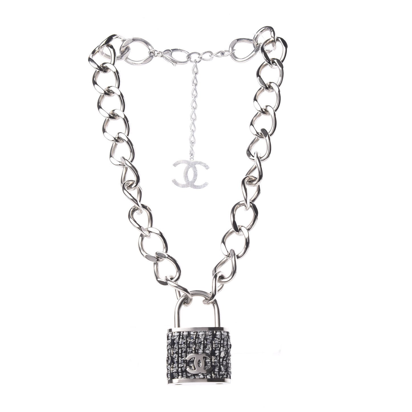 Tweed CC Oversized Padlock Chain Necklace Black Silver