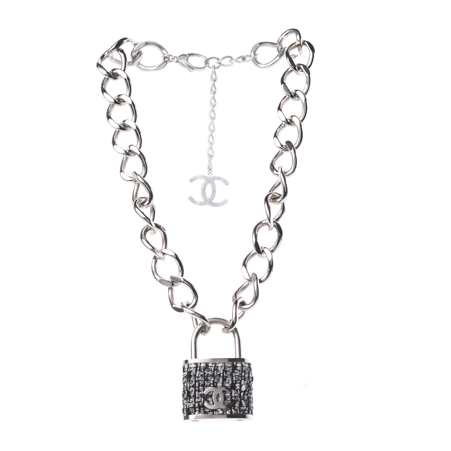 Chanel Tweed CC Oversized Padlock Chain Necklace Black Silver 3 of 5