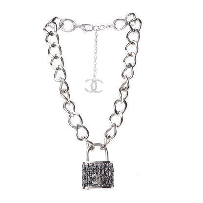 Chanel Tweed CC Oversized Padlock Chain Necklace Black Silver 3 of 5