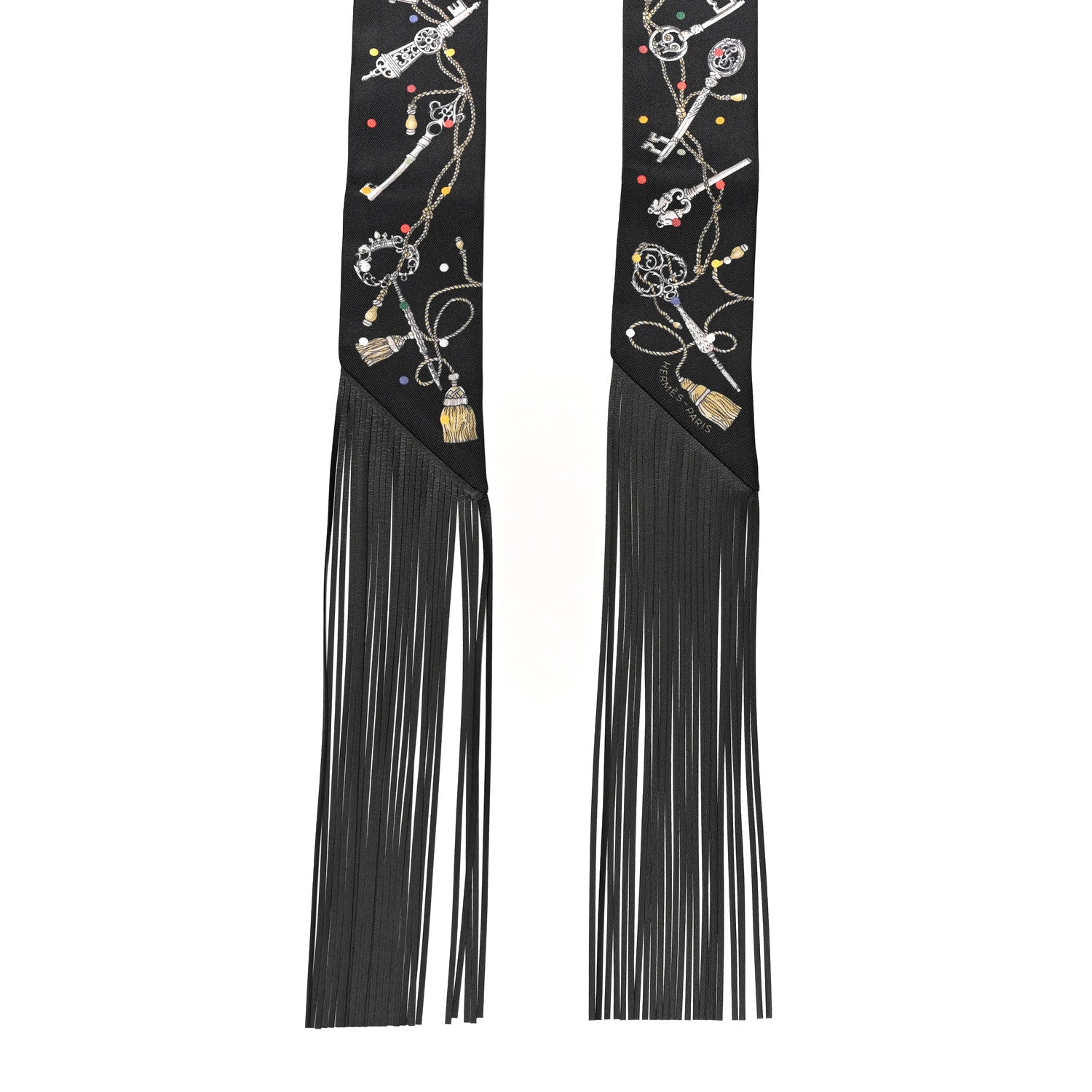 Hermes Silk Calfskin Les Cles A Pois Fringed Twilly Black Mordore White 2 of 4