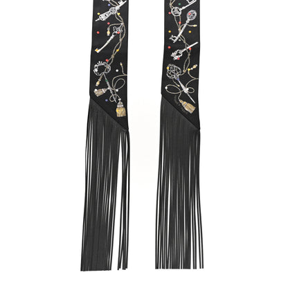 Hermes Silk Calfskin Les Cles A Pois Fringed Twilly Black Mordore White 2 of 4