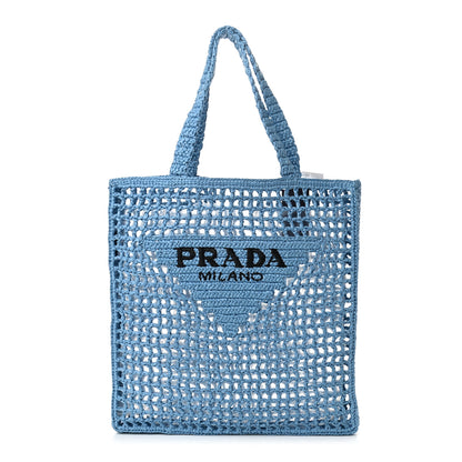 Prada Yarn Raffia Effect Crochet Logo Embroidered Tote Bag Celeste 1 of 9
