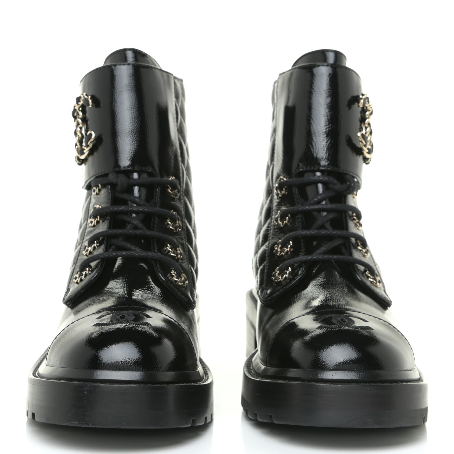 Chanel Shiny Calfskin Quilted Lace Up Combat Boots 38 Black 2 of 13