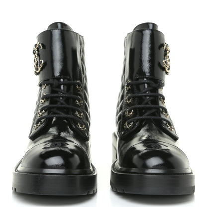 Chanel Shiny Calfskin Quilted Lace Up Combat Boots 38 Black 2 of 13