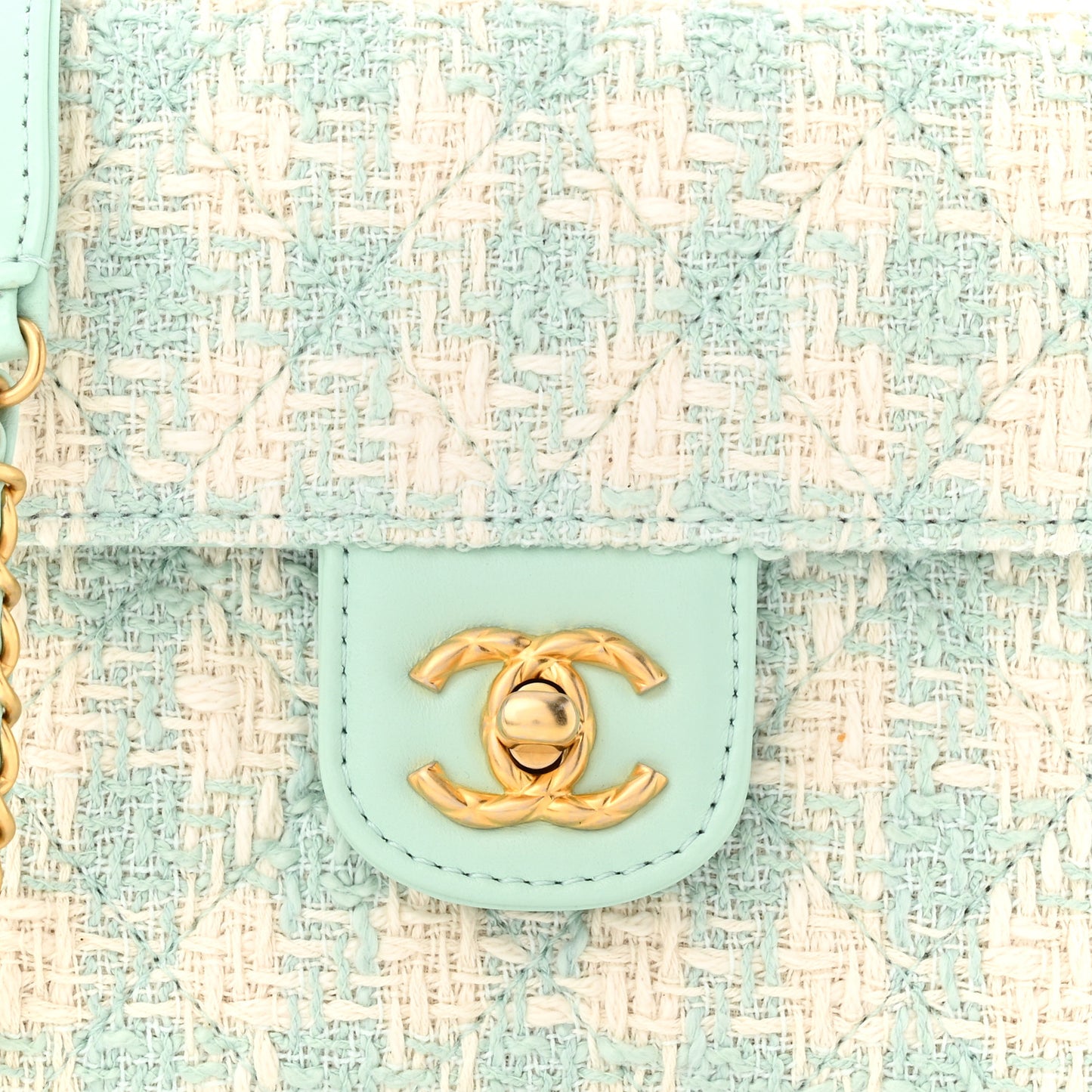 Tweed Handle Crush Top Handle Flap Bag Light Blue Ecru