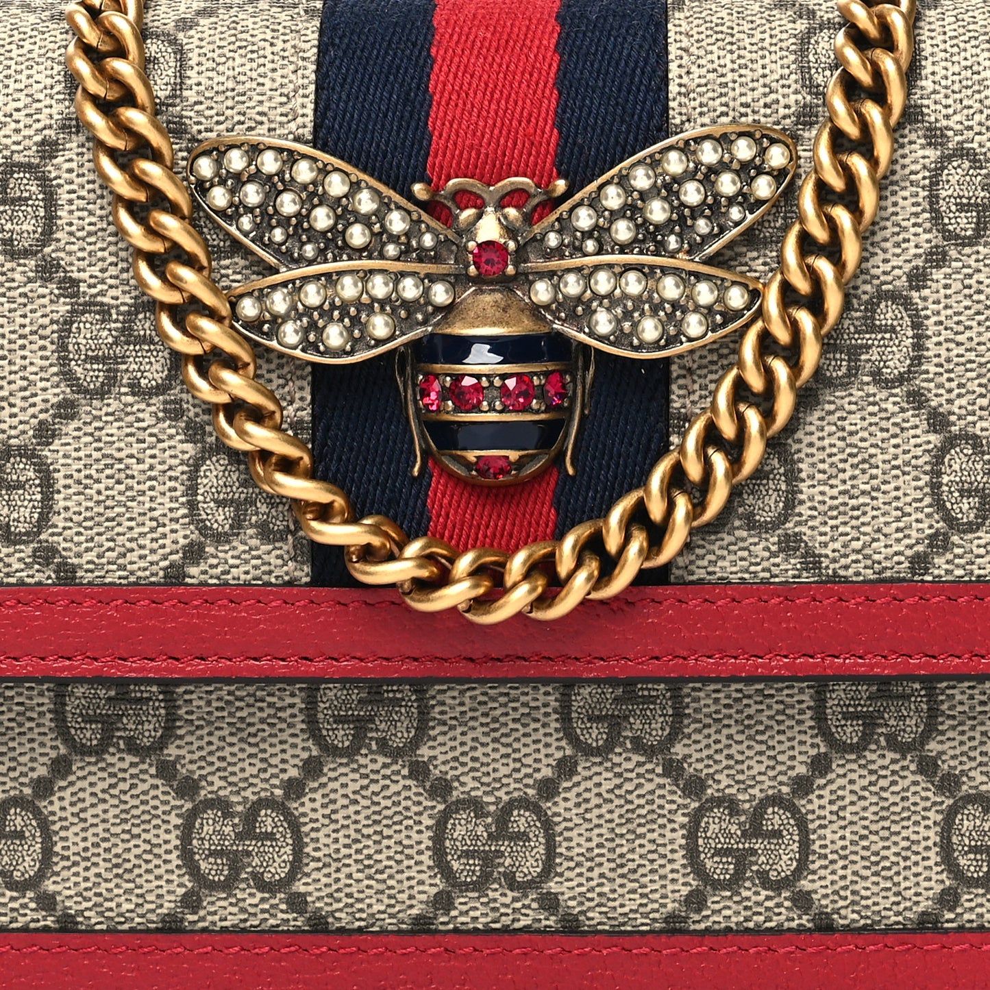 GG Supreme Monogram Web Queen Margaret Chain Wallet Red