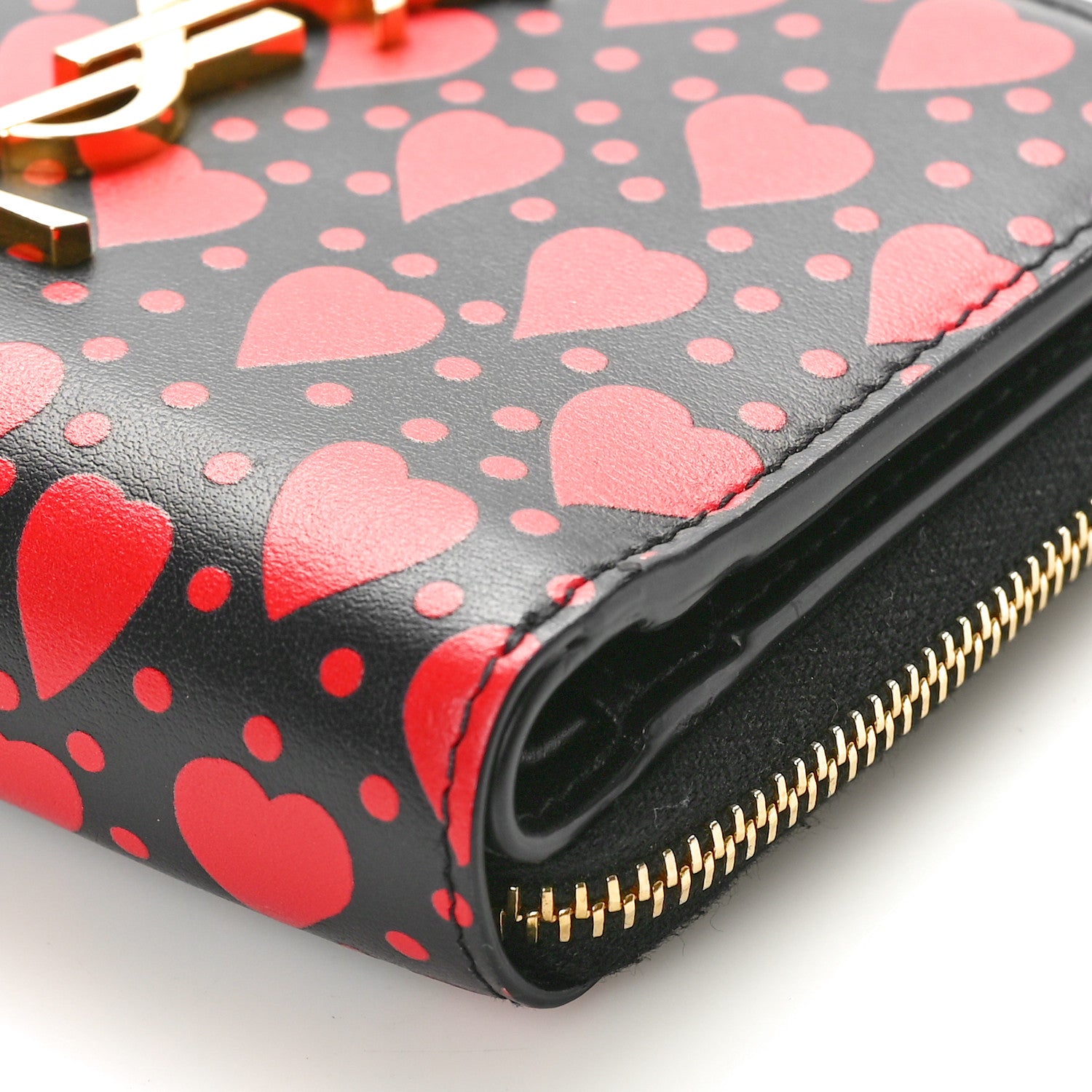 Saint Laurent Calfskin Heart Print Monogram Compact Zip Around Wallet Black Red 10 of 10