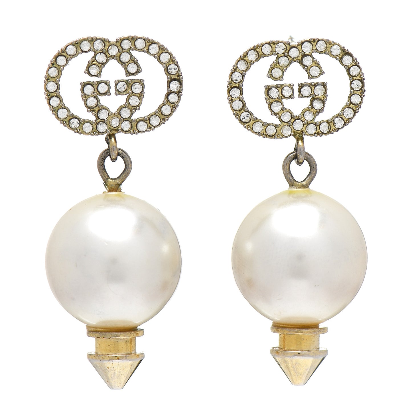 Metal Crystal Pearl Interlocking G Earrings Shiny Gold