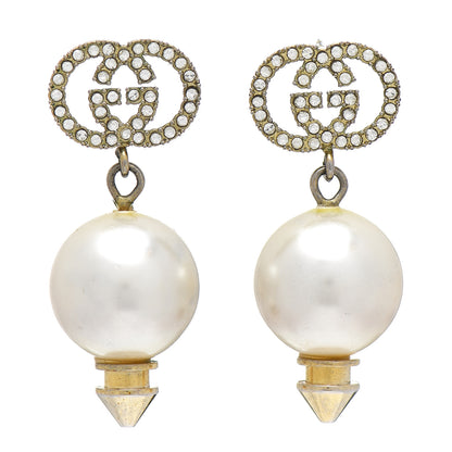 Gucci Metal Crystal Pearl Interlocking G Earrings Shiny Gold 1 of 4