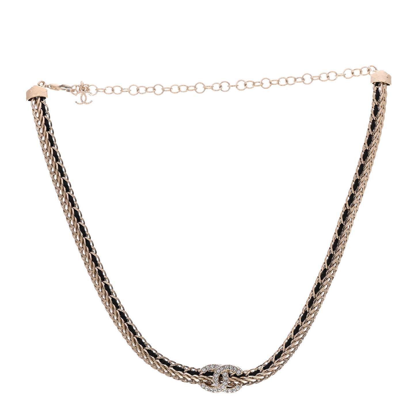 Metal Lambskin Crystal Chain CC Necklace Black Gold