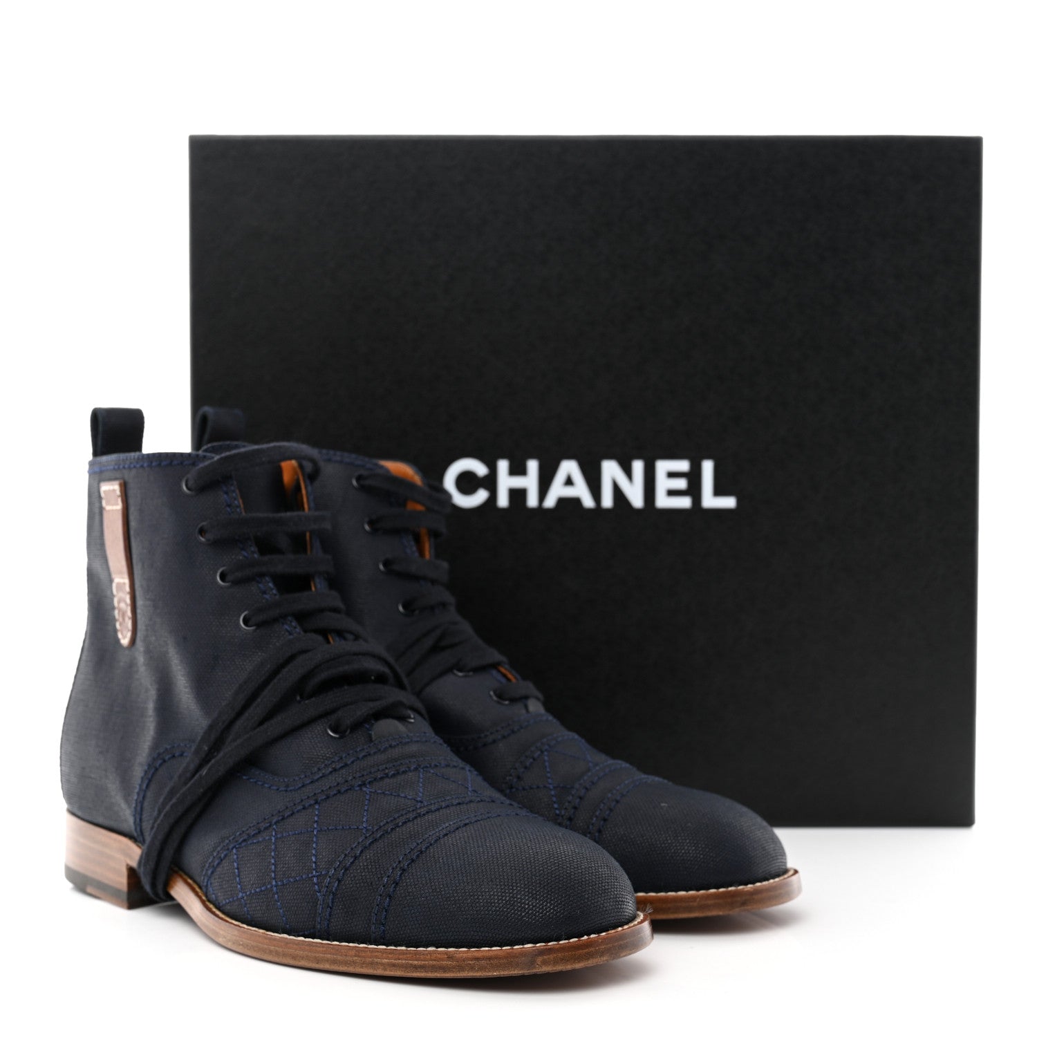 Chanel Coated Canvas Lace Up Cap Toe Boots 38.5 Blue Fonce 8 of 8