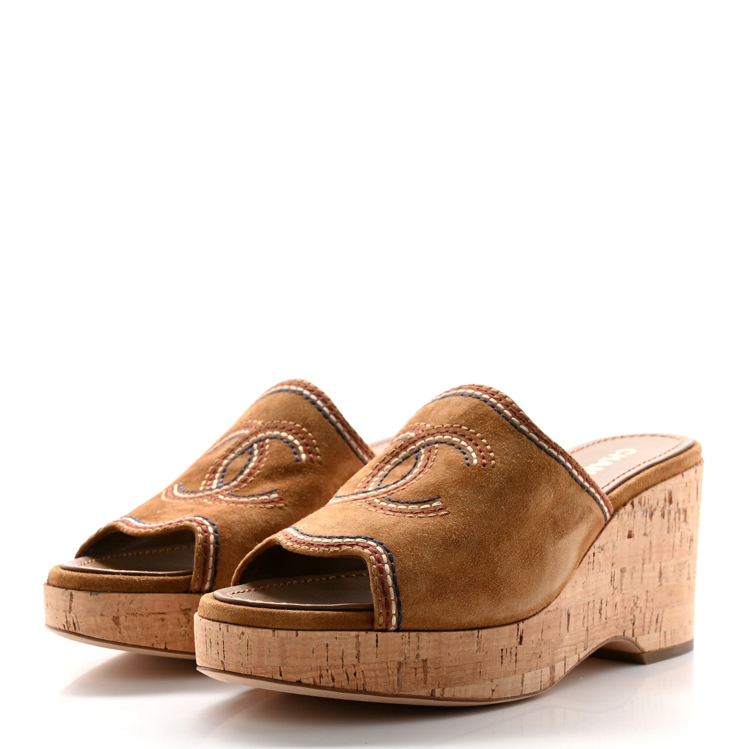 Chanel Suede Calfskin Cork CC Wedge Sandal 39.5 Brown 3 of 8