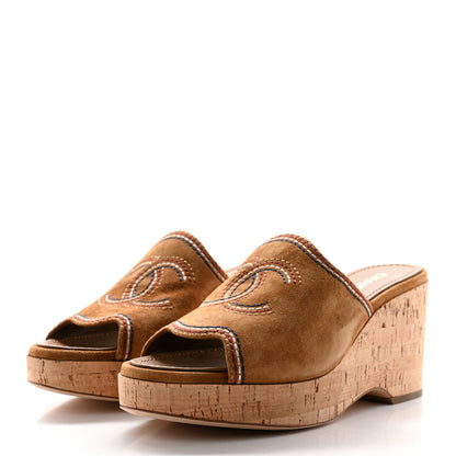 Chanel Suede Calfskin Cork CC Wedge Sandal 39.5 Brown 3 of 8