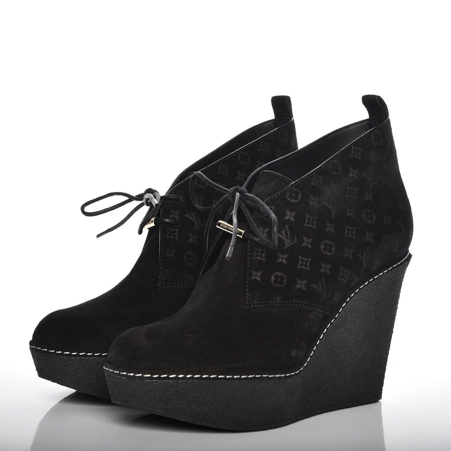 Suede Embossed Monogram Frosty Wedge Low Boots 38 Black