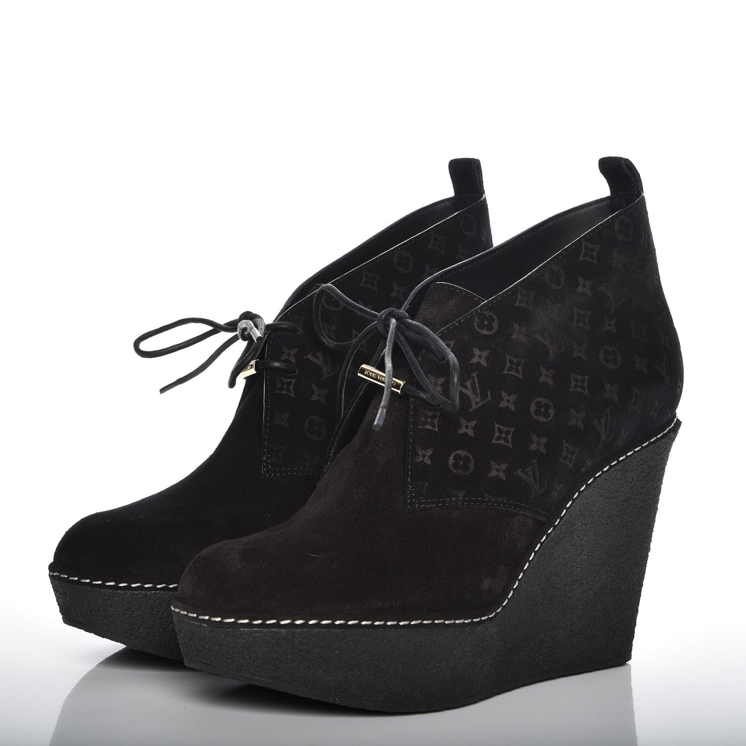 Louis Vuitton Suede Embossed Monogram Frosty Wedge Low Boots 38 Black 3 of 9