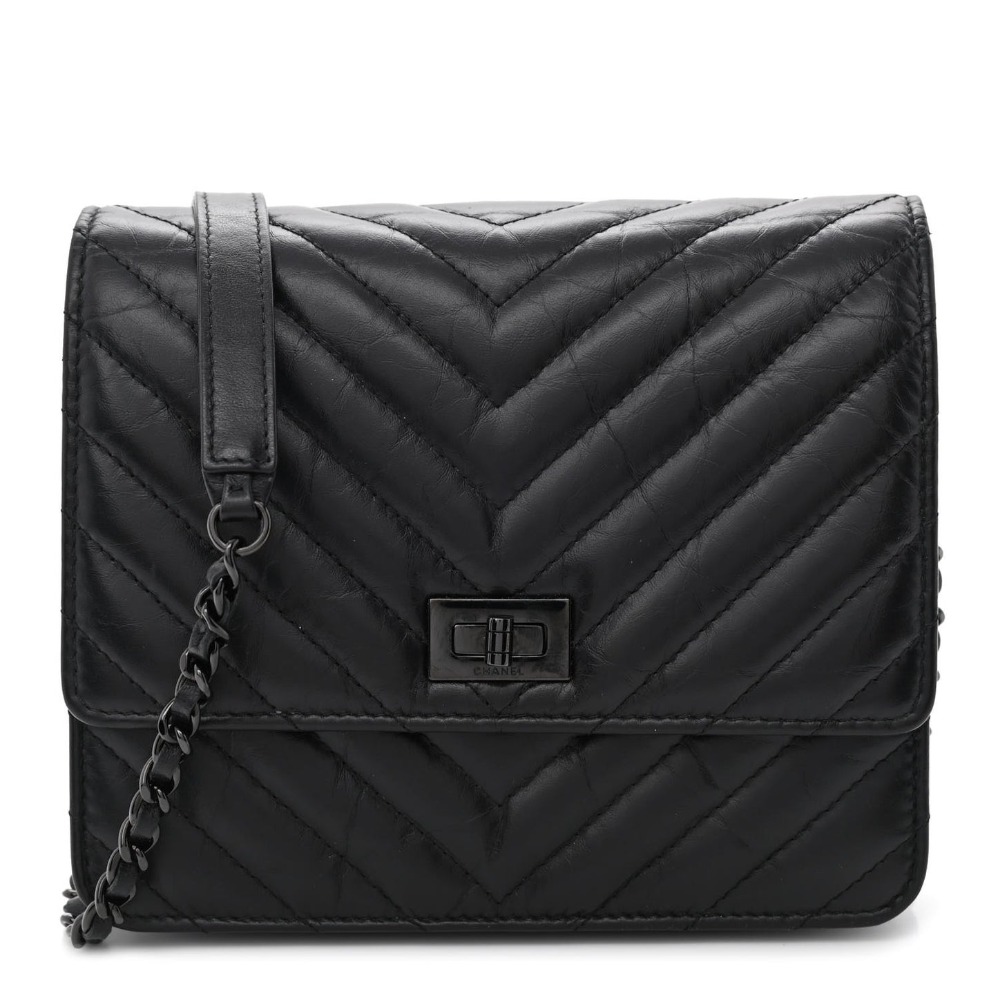 Aged Calfskin Chevron Quilted Reissue 2.55 Square Wallet On Chain WOC So Black