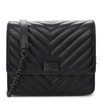 Chanel Aged Calfskin Chevron Quilted Reissue 2.55 Square Wallet On Chain WOC So Black 1 of 11