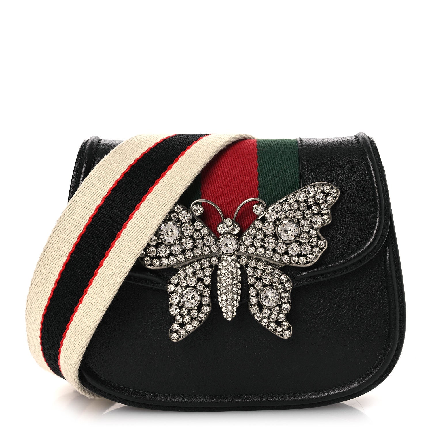 Gucci Calfskin Web Crystal Butterfly Stripe Small Totem Shoulder Bag Black 1 of 14
