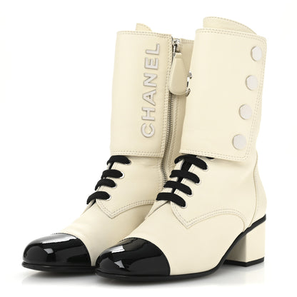 Chanel Calfskin Patent Cap Toe CC Lace Up Boots 38 Ivory Black 4 of 12