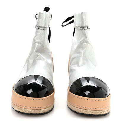 Chanel Lambskin Patent Cap Toe CC Chain Espadrille Boots 40 Silver Black Beige 3 of 9