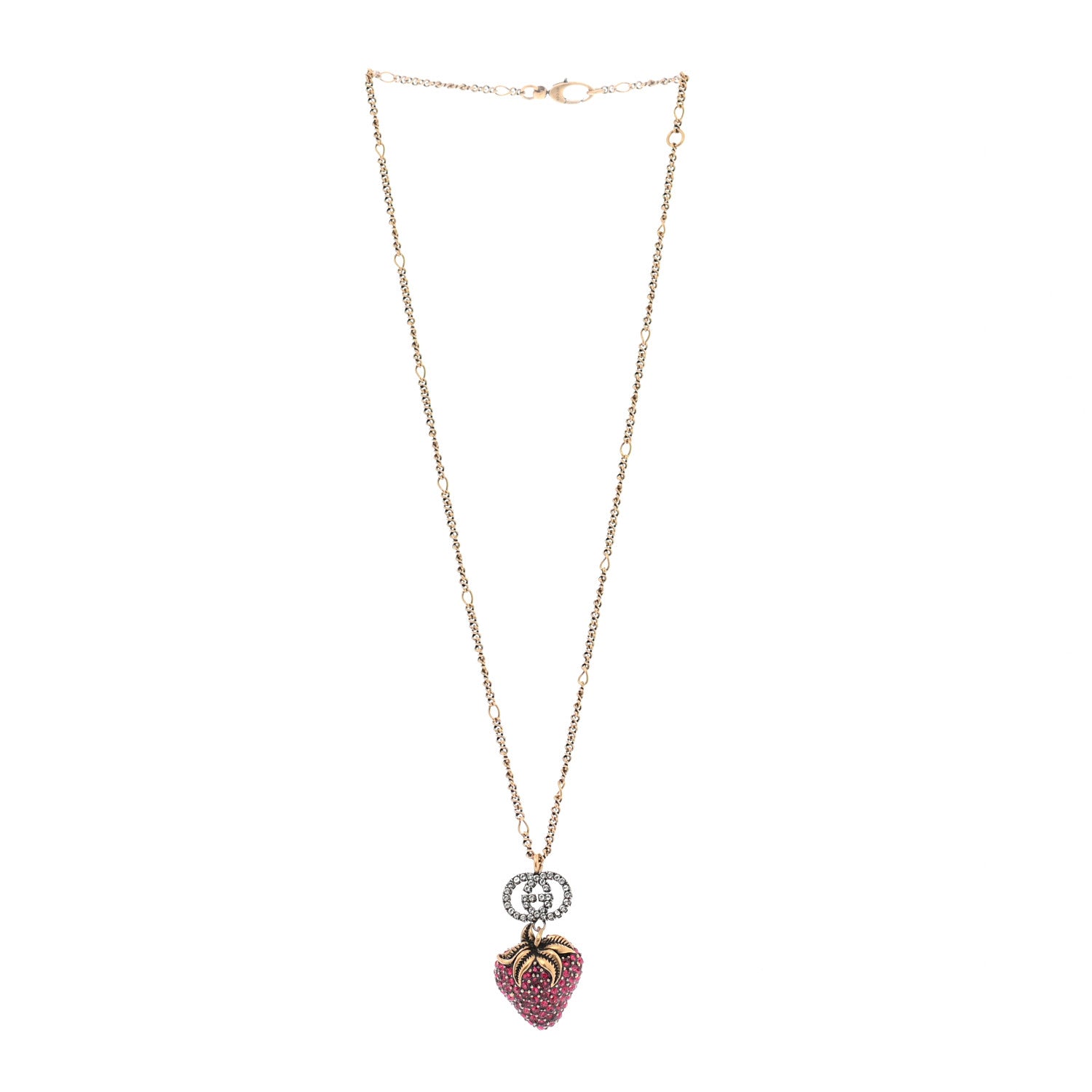 Gucci Crystal Embellished Strawberry Necklace Red Aged Gold 3 of 7