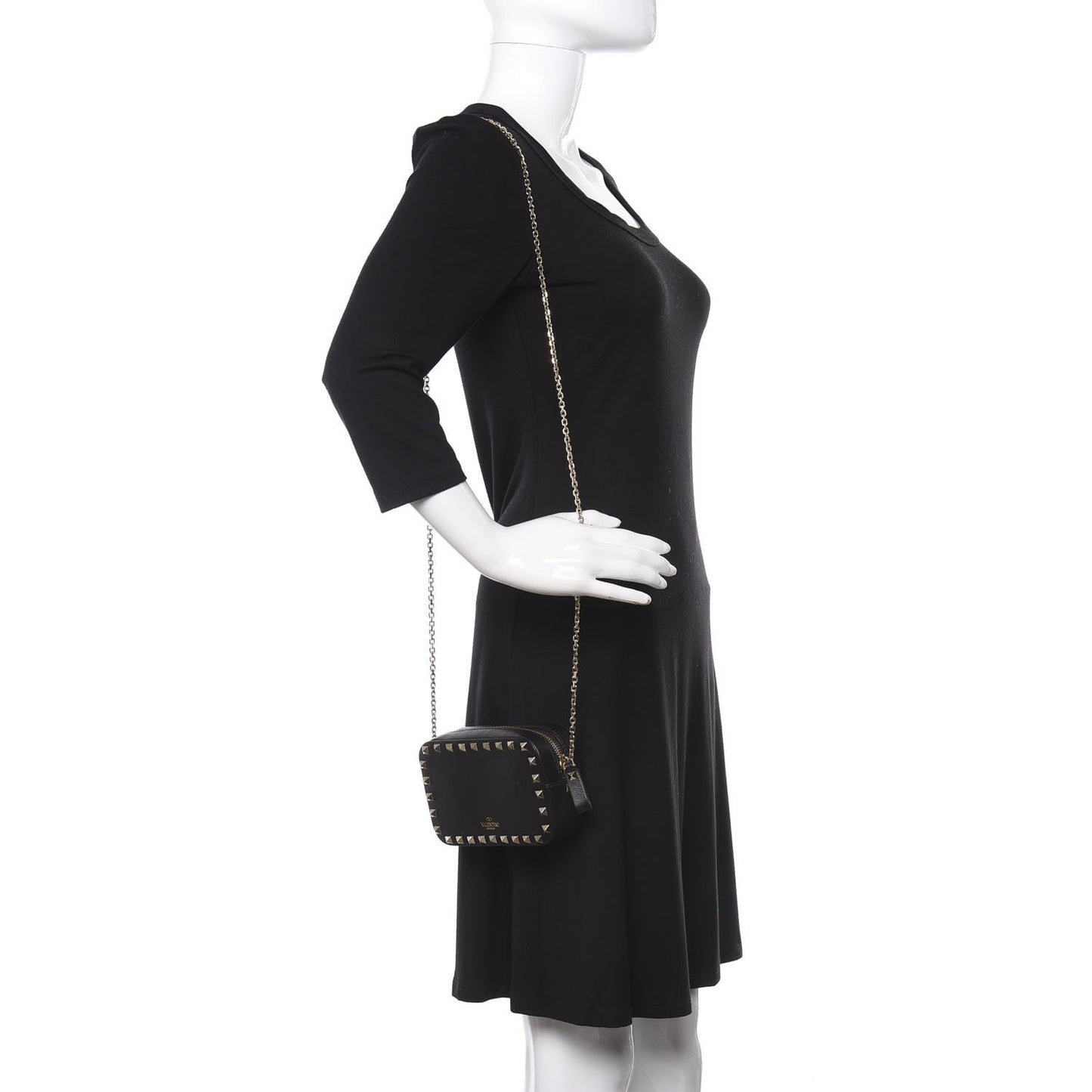 Calfskin Small Rockstud Chain Camera Crossbody Bag Black