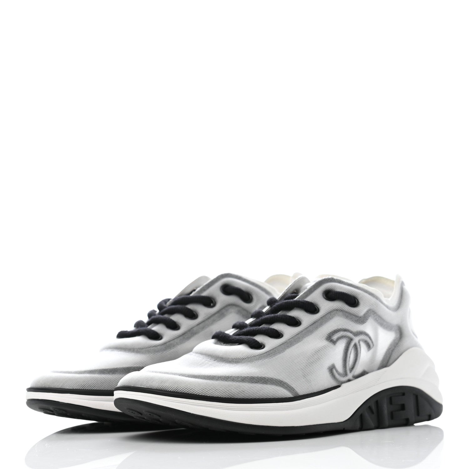 Chanel Calfskin Mesh Lycra Womens Logo Sneakers 38 White Black 3 of 7