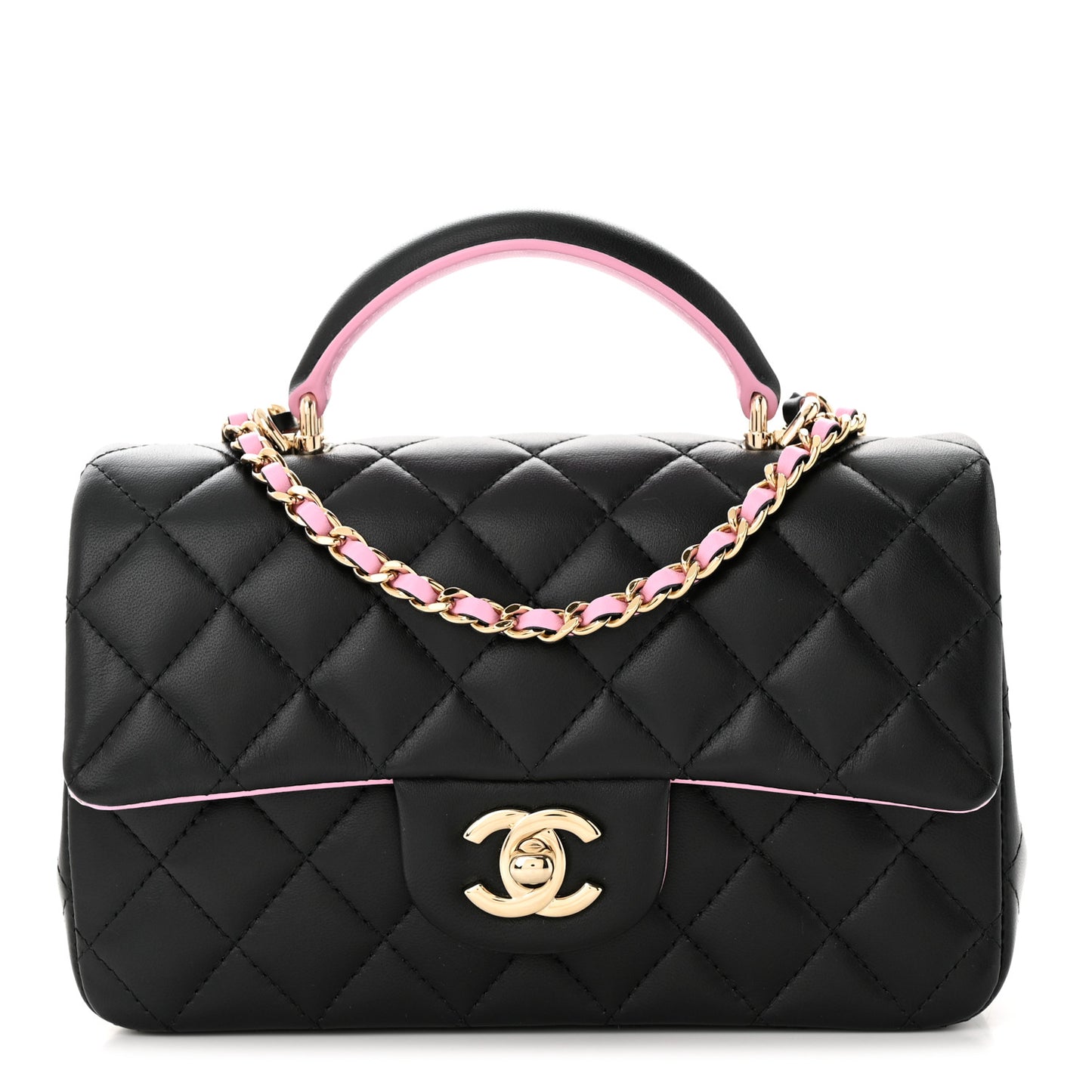 Lambskin Quilted Bi-Color Mini Top Handle Rectangular Flap Black Lilac