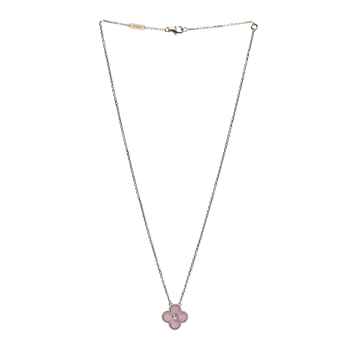 18K Rose Gold Diamond Pink Porcelain Vintage Alhambra Pendant Necklace