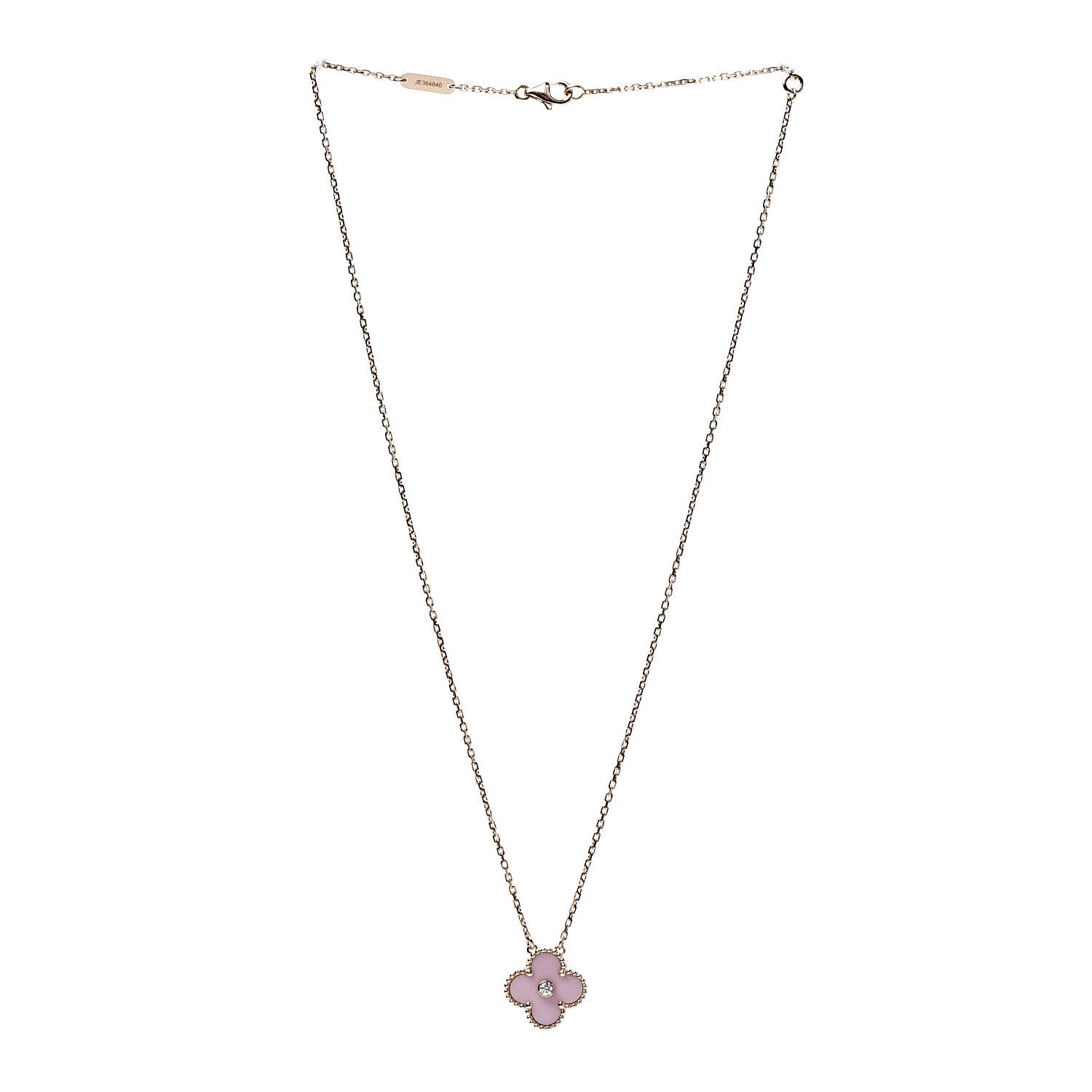Van Cleef & Arpels 18K Rose Gold Diamond Pink Porcelain Vintage Alhambra Pendant Necklace 3 of 7