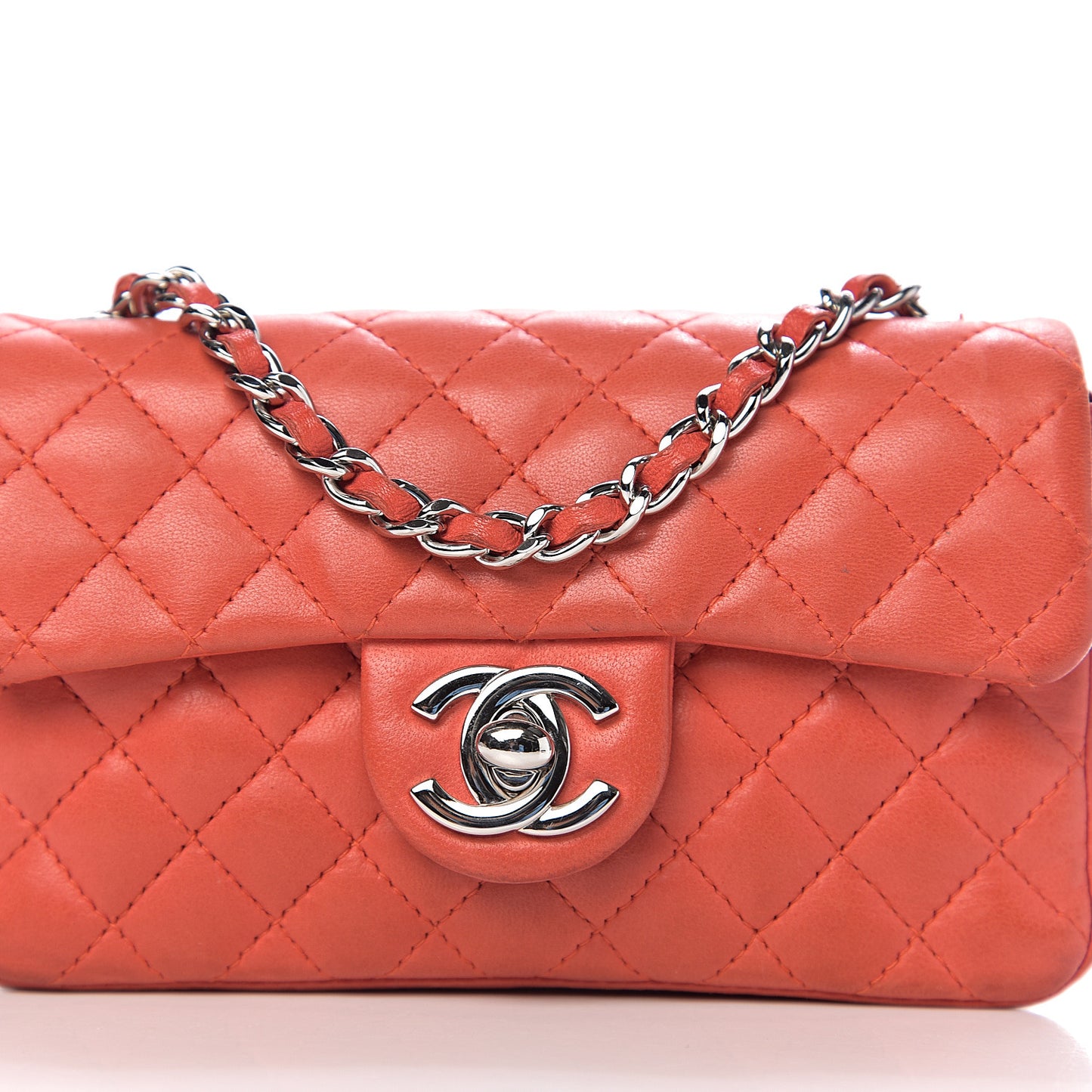 Lambskin Quilted Mini Rectangular Flap Red Orange