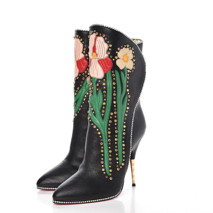 Gucci Calfskin Floral Crystal Embroidered Fosca Boots 38 Black 3 of 9