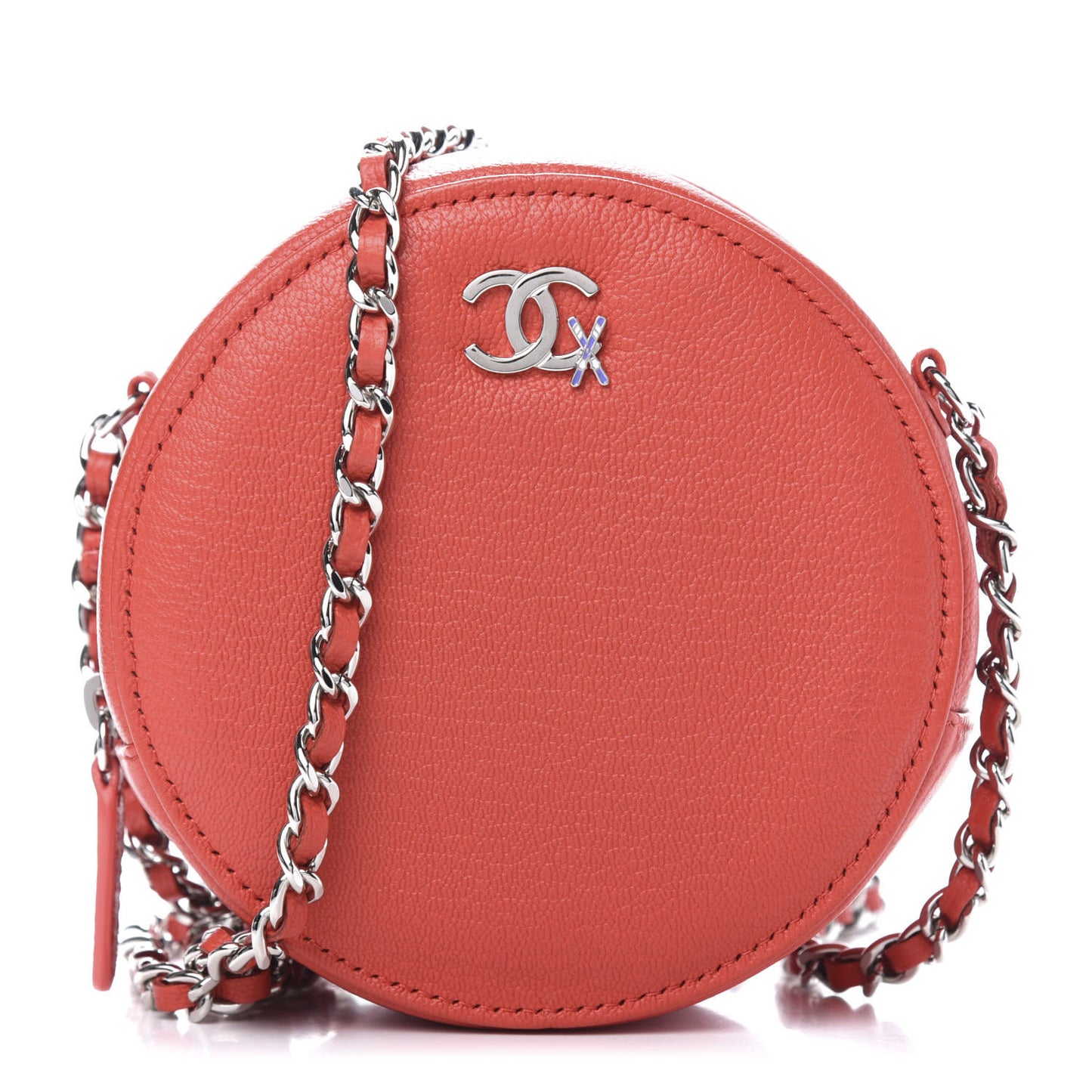 Goatskin Round Clutch With Chain Red