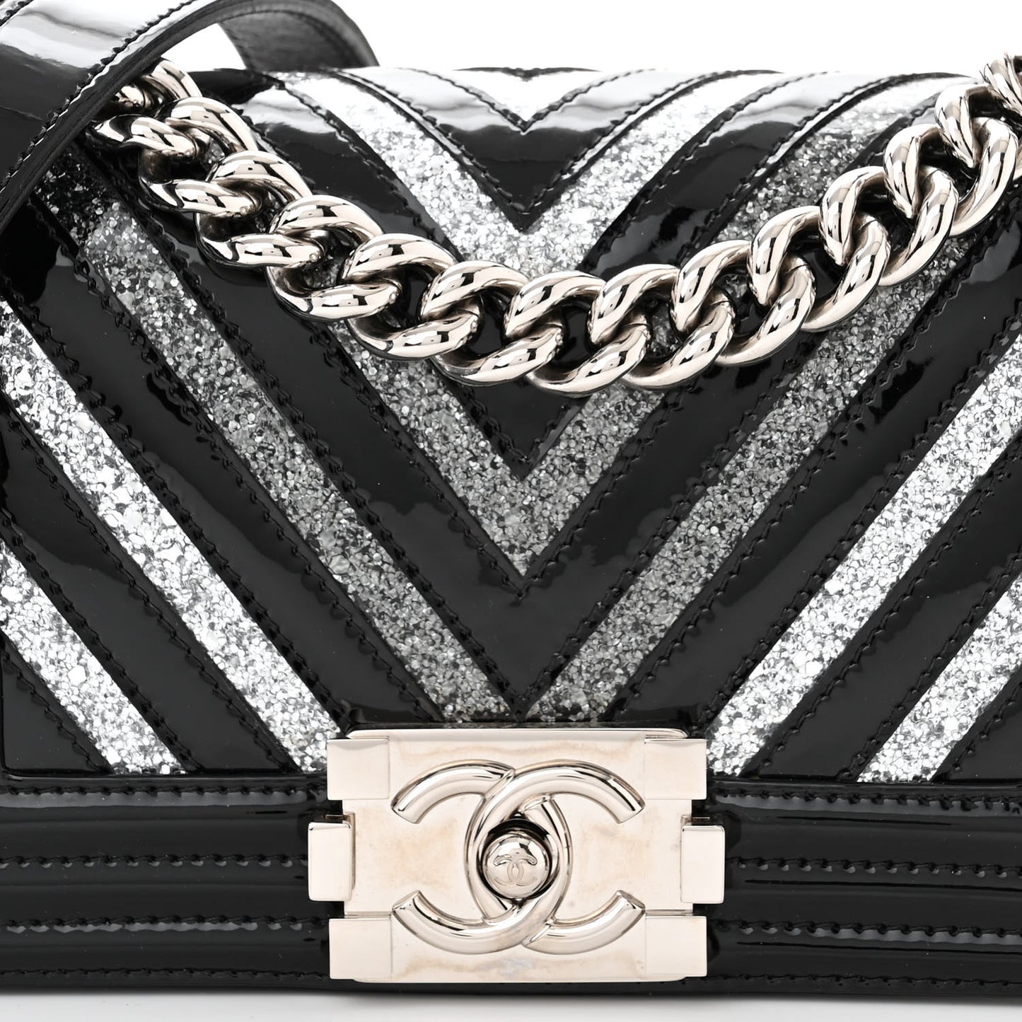 Patent Glitter PVC Chevron Quilted Small Boy Flap Black Silver