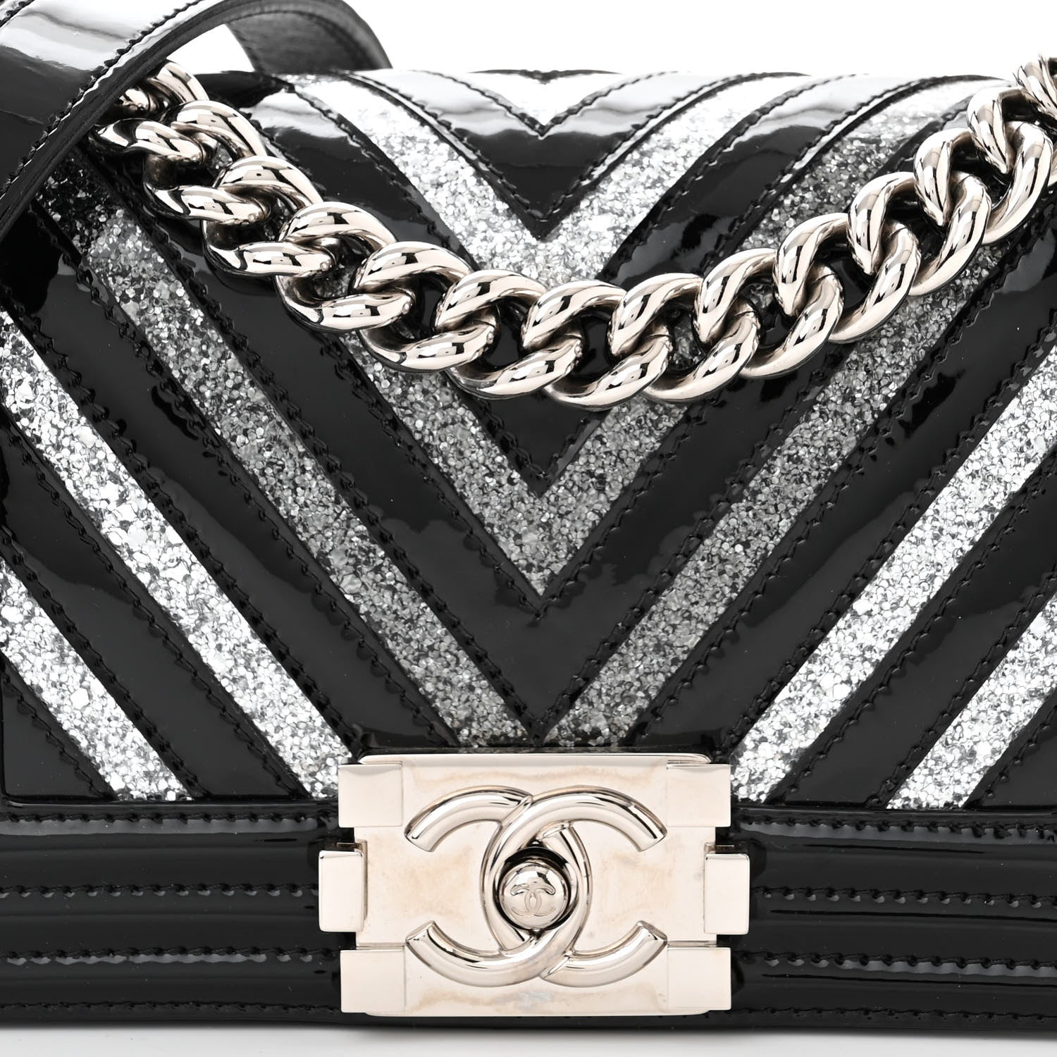 Chanel Patent Glitter PVC Chevron Quilted Small Boy Flap Black Silver 8 of 10