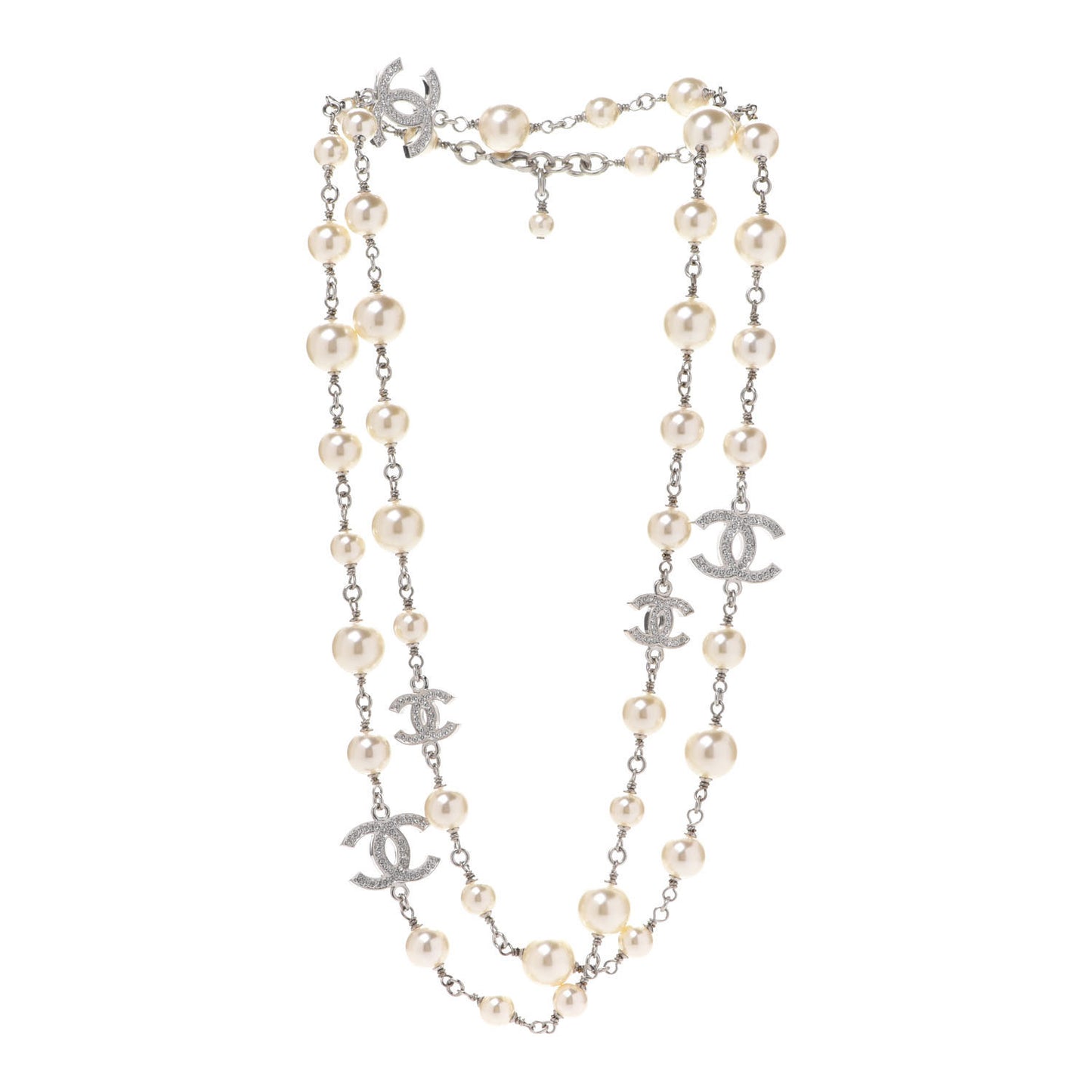 Crystal Pearl CC Long Necklace Silver