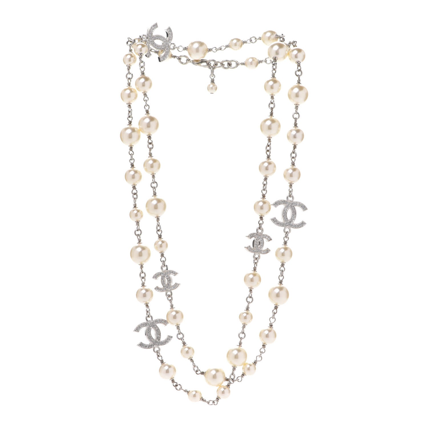 Chanel Crystal Pearl CC Long Necklace Silver 3 of 6